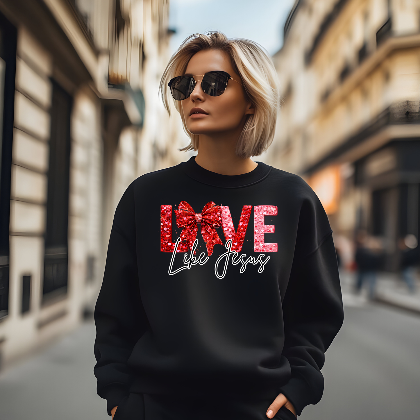 Love Like Jesus Valentine Sweatshirt With a Red Bow | Christian Women’s Faith Crewneck
