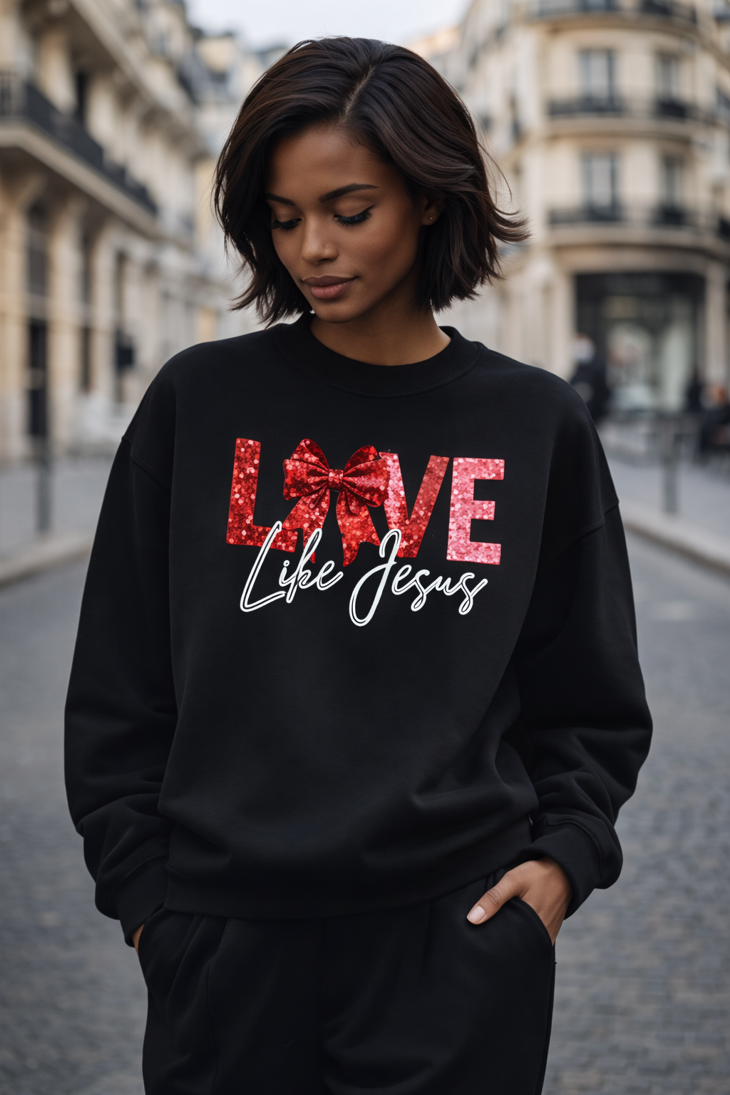 Love Like Jesus Valentine Sweatshirt With a Red Bow | Christian Women’s Faith Crewneck