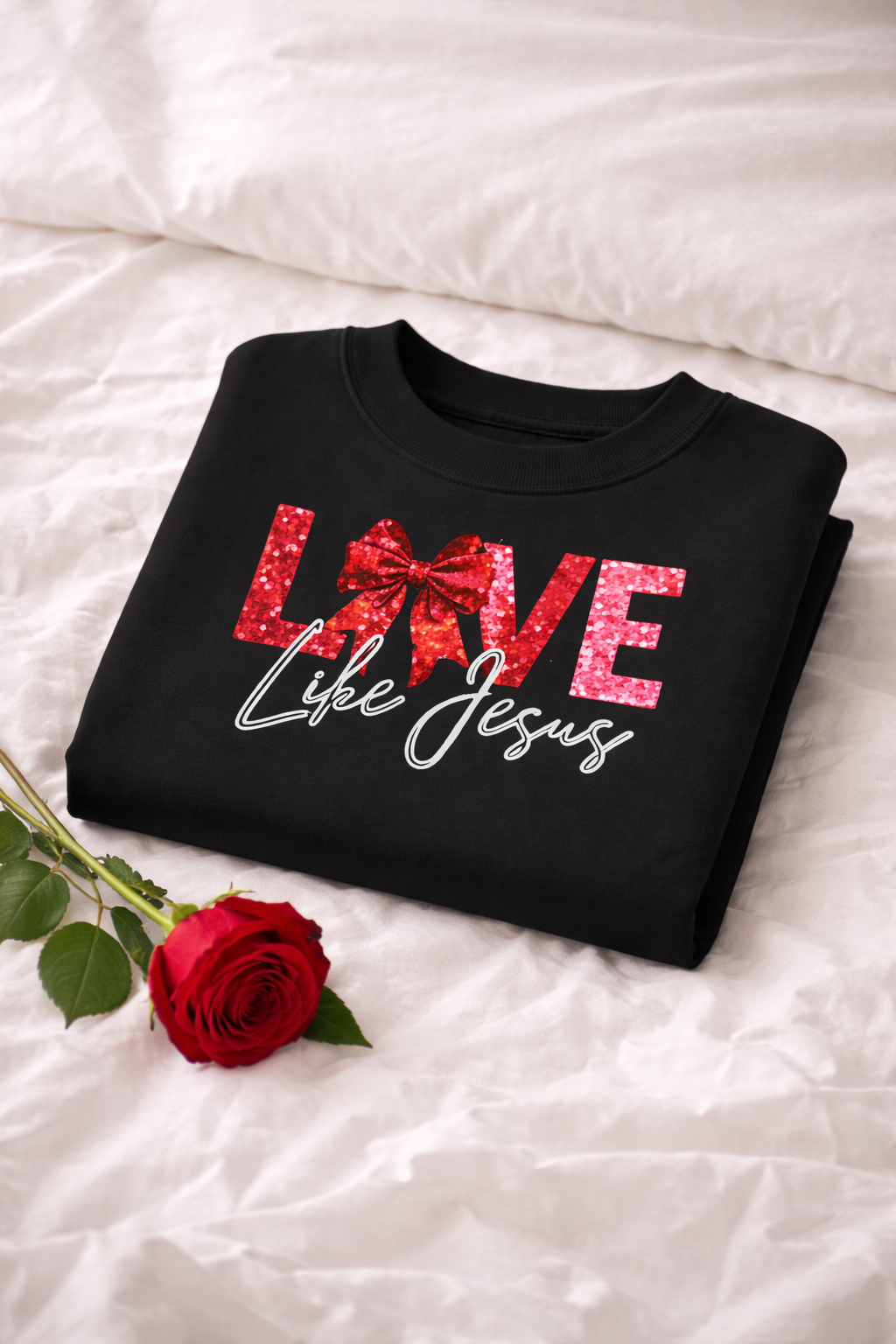 Love Like Jesus Valentine Sweatshirt With a Red Bow | Christian Women’s Faith Crewneck