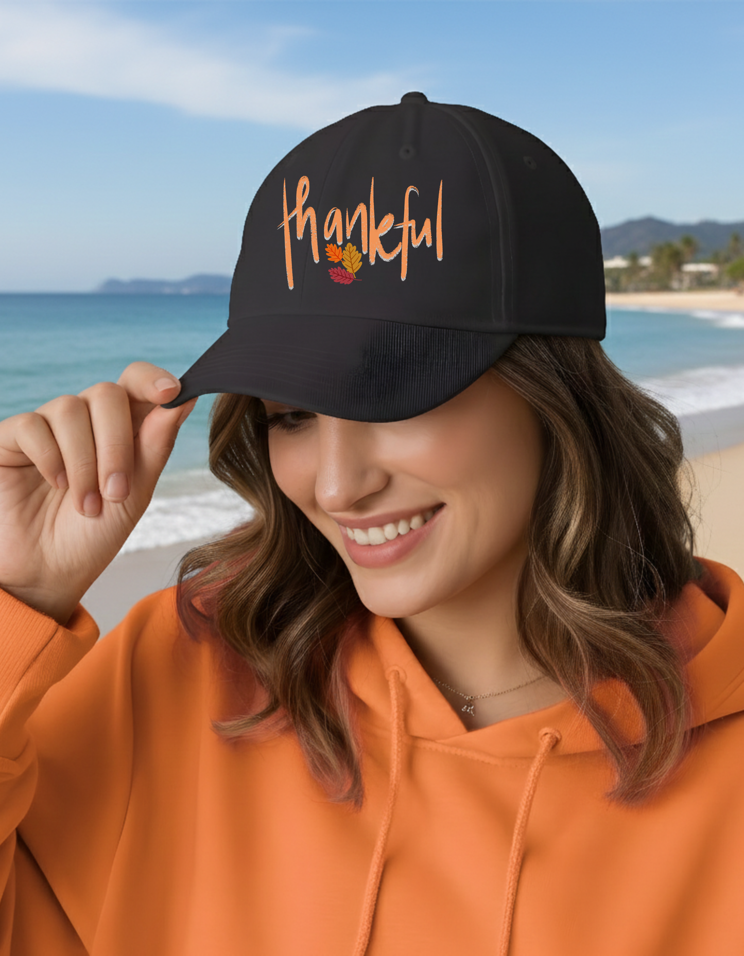 “Thankful” Everyday Gratitude Hat – Unisex Black Baseball Cap with Fall Leaf Accent